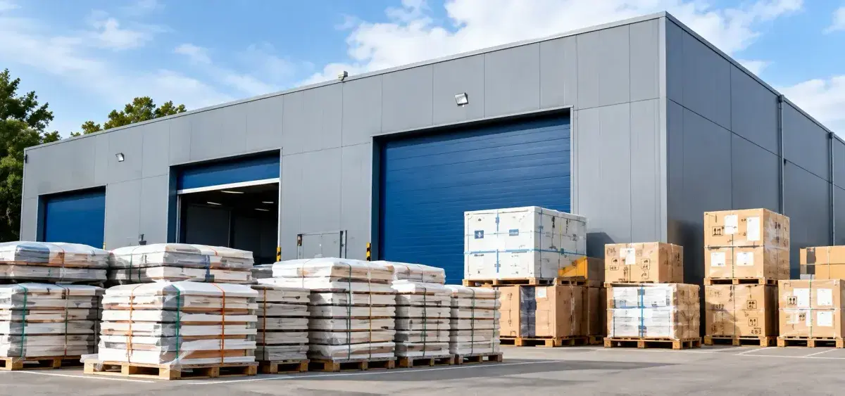 Warehouse exterior with palletised building materials ready for dispatch