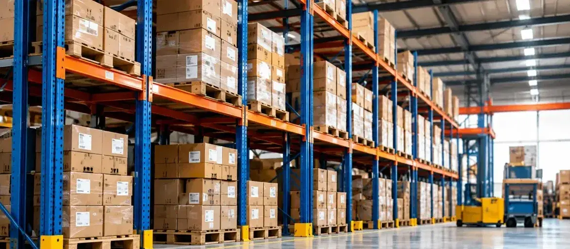 Warehouse racks stacked with boxed construction products and a forklift