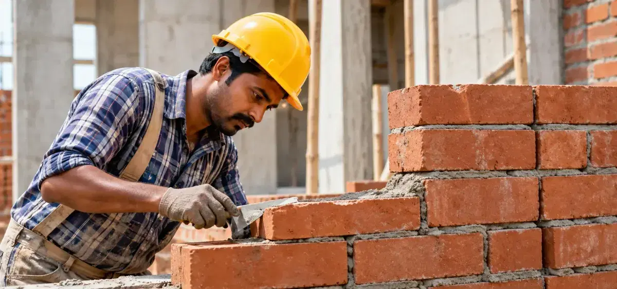Mason in a yellow hard hat laying bricks on a construction site