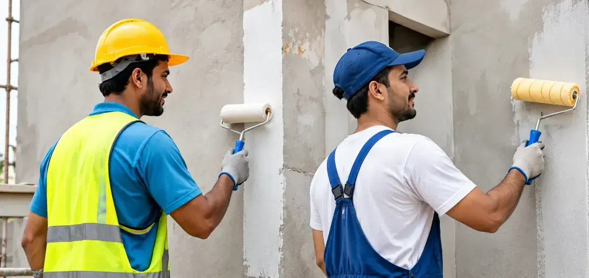 Two painters rolling primer onto an exterior wall