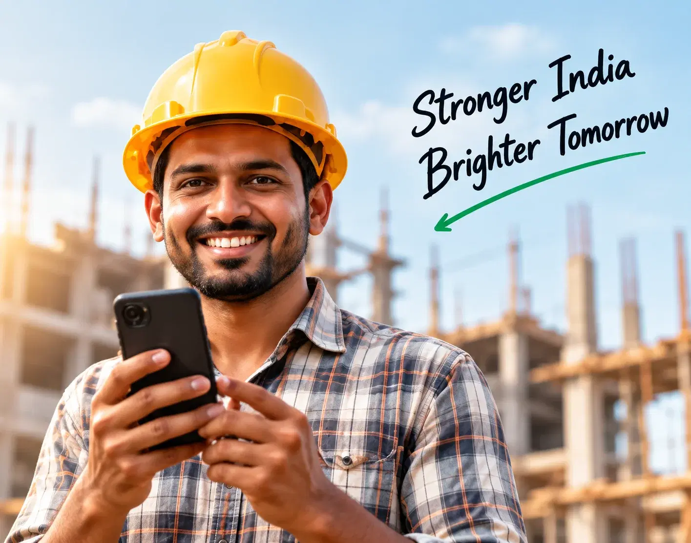 Smiling construction worker in a yellow hard hat holding his phone at a building site, with the words "Stronger India, Brighter Tomorrow"