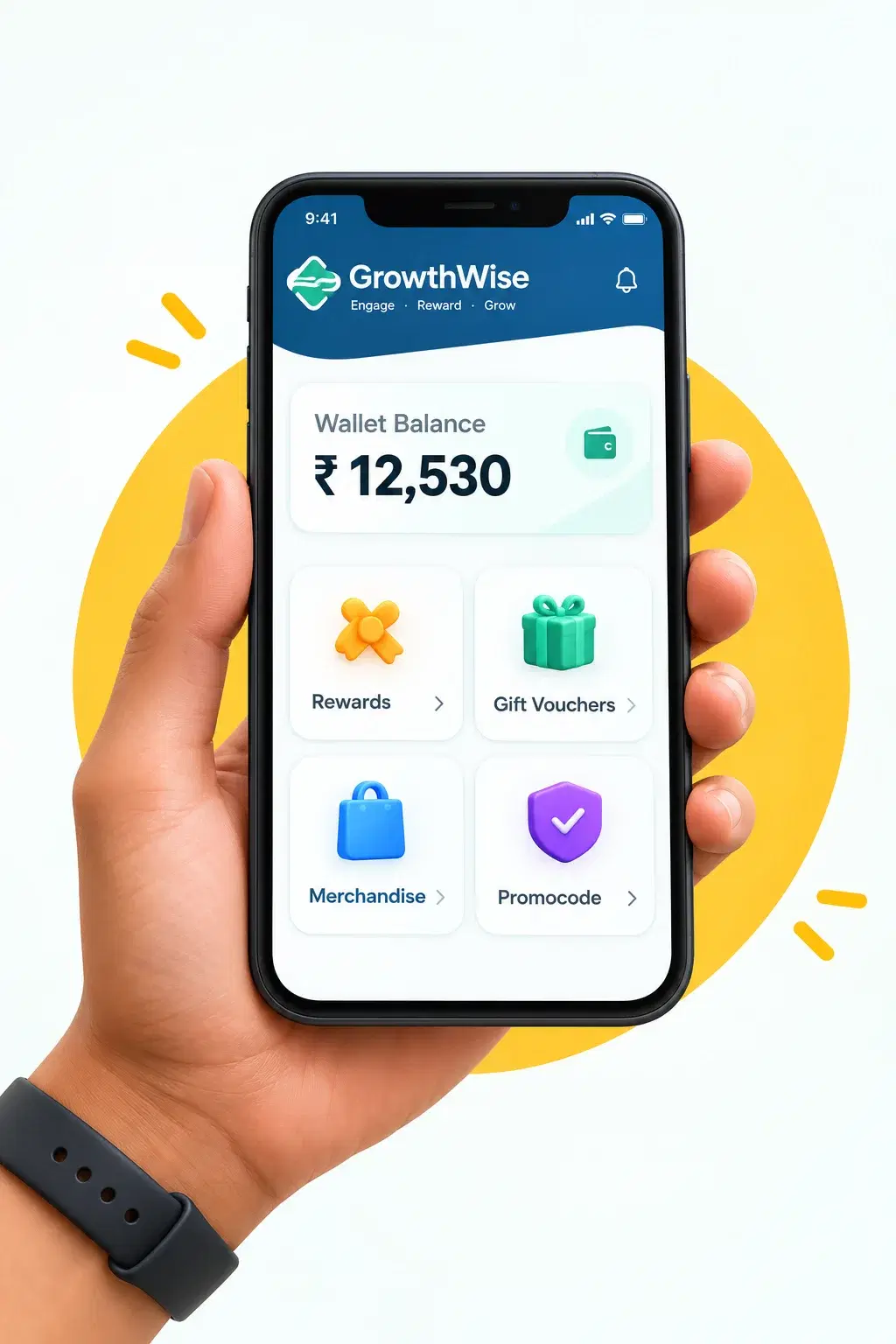 GrowthWise worker app showing a ₹12,530 wallet balance with rewards, gift vouchers, merchandise and promocodes