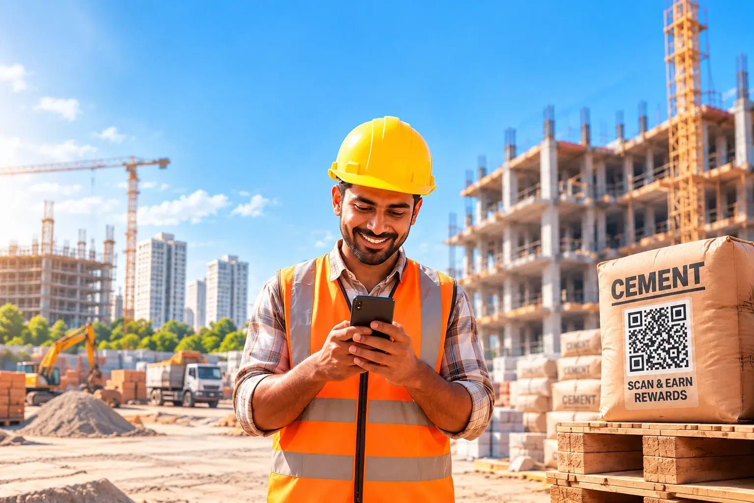 Smiling construction worker in a hard hat checking GrowthWise rewards on a phone beside cement bags with a Scan & Earn Rewards QR code